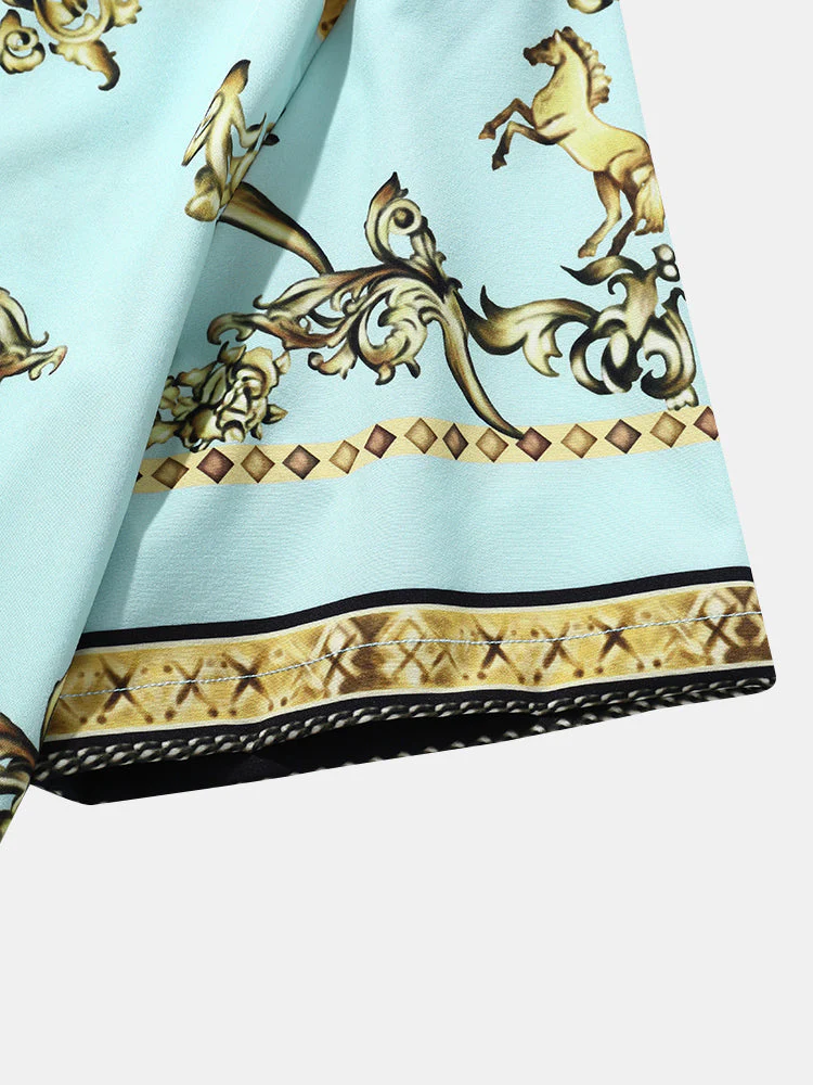 Mens Luxury Baroque Print Short Sleeve Drawstring Two Piece Outfits - Image 6