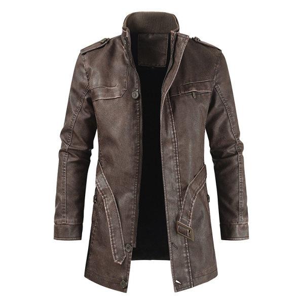 Mens Mid-Length Casual Stand-Collar Slim Leather Jacket - Image 6