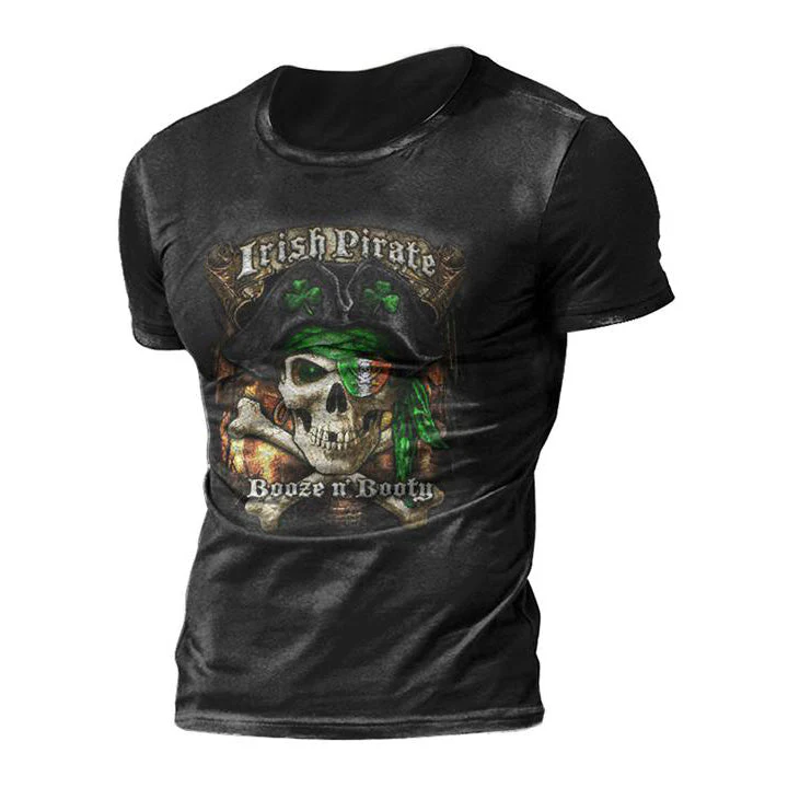 Men'S Outdoor Irish Pirate Captain Booze n' Booty Skull Day T Shirt - Image 2