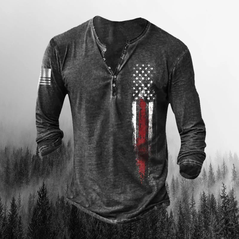 Mens Outdoor Vintage Long-sleeved Henley Shirt - Image 2