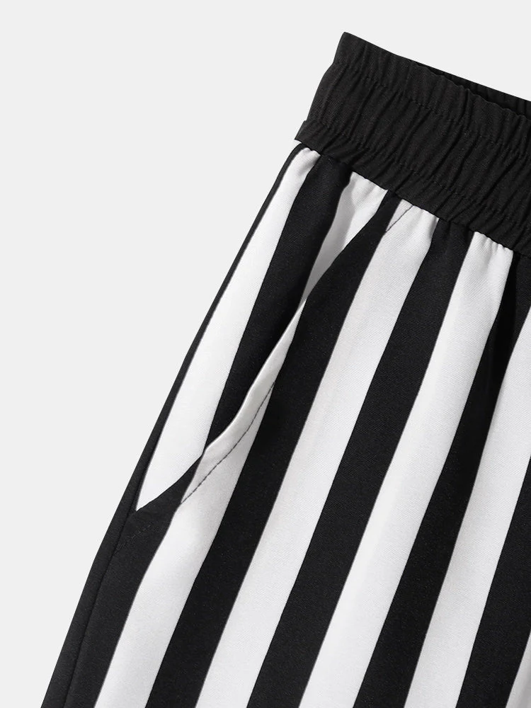 Mens Patchwork Stripe Pocket Drawstring Short Sleeve Two Piece Outfits - Image 10