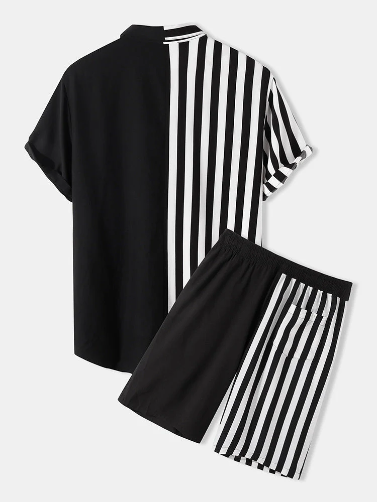 Mens Patchwork Stripe Pocket Drawstring Short Sleeve Two Piece Outfits - Image 2