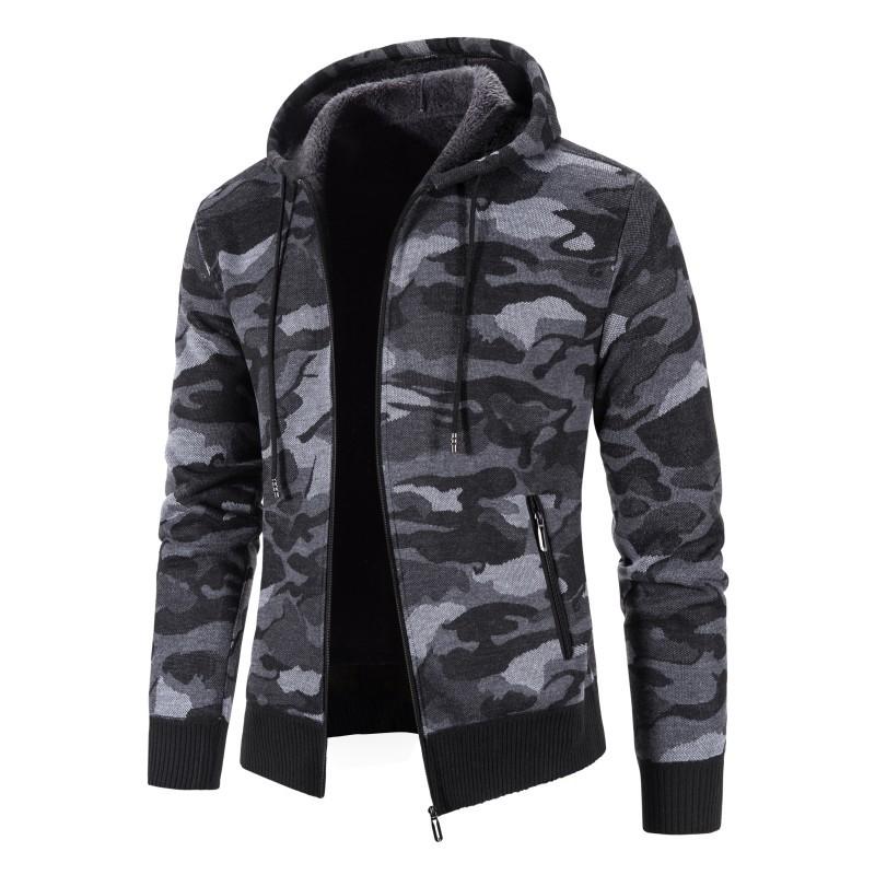 Mens Plus Velvet Sweater Cardigan Plus Size Camouflage Slim Fit Hooded Jacket - Image 2