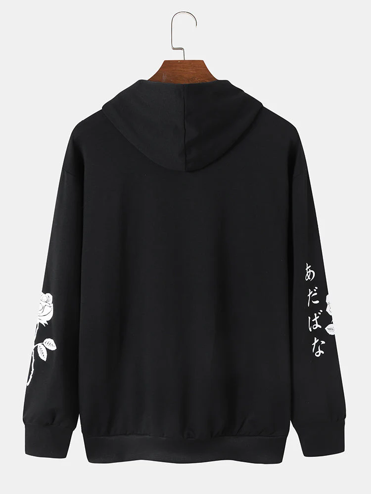 Mens Rose Japanese Character Print Cotton Casual Drawstring Overhead Hoodies - Image 3