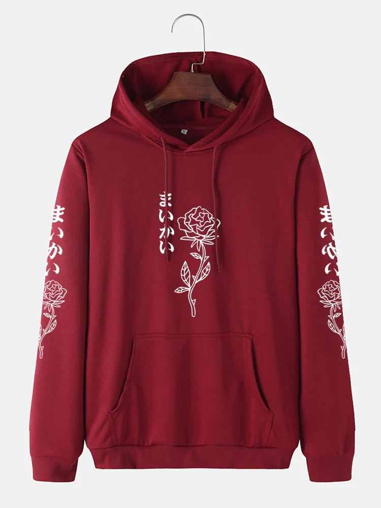 Mens Rose Japanese Print Cotton Drawstring Hoodies With Kangaroo Pocket - Image 3