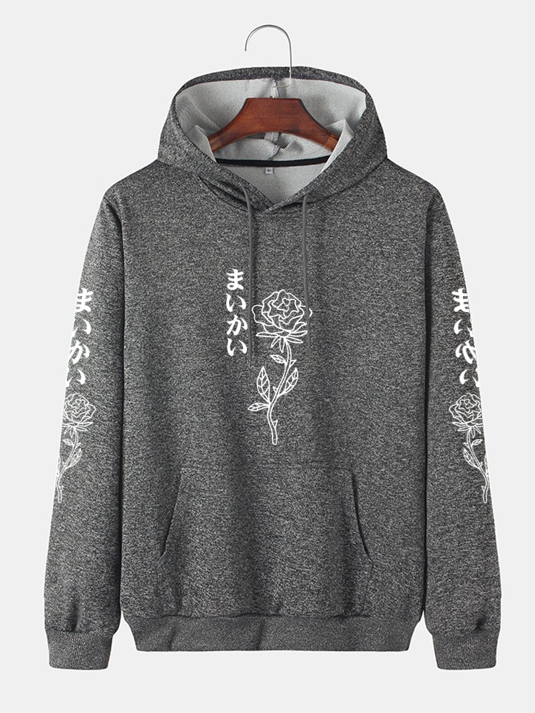 Mens Rose Japanese Print Cotton Drawstring Hoodies With Kangaroo Pocket - Image 4