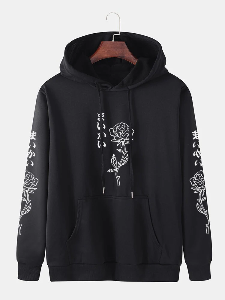 Mens Rose Japanese Print Cotton Drawstring Hoodies With Kangaroo Pocket - Image 5