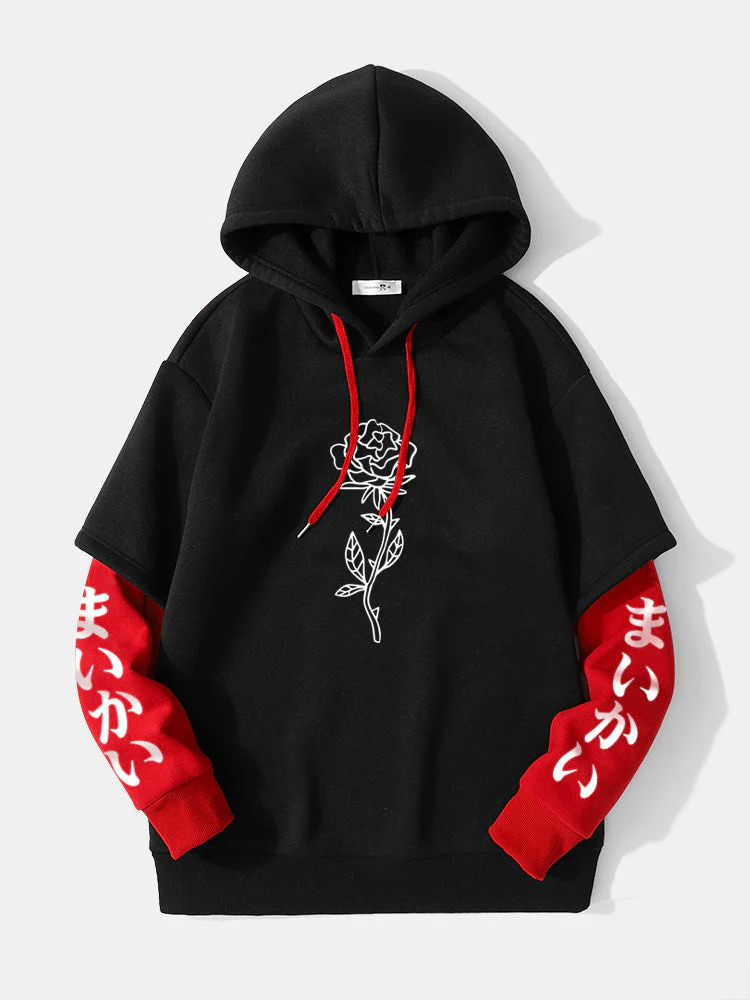 Mens Rose Japanese Sleeve Print 2 In 1 Casual Drawstring Hoodies - Image 3