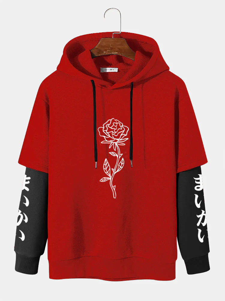 Mens Rose Japanese Sleeve Print 2 In 1 Casual Drawstring Hoodies - Image 9