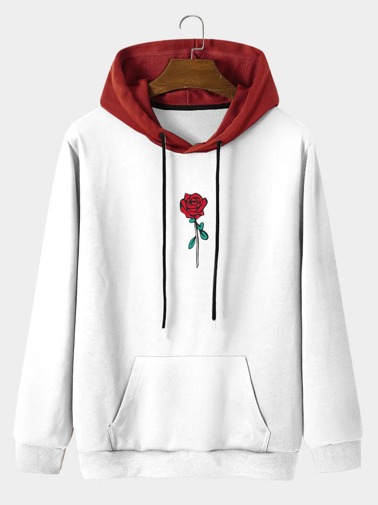 Mens Rose Print Contrast Casual Drawstring Hoodies With Kangaroo Pocket - Image 4