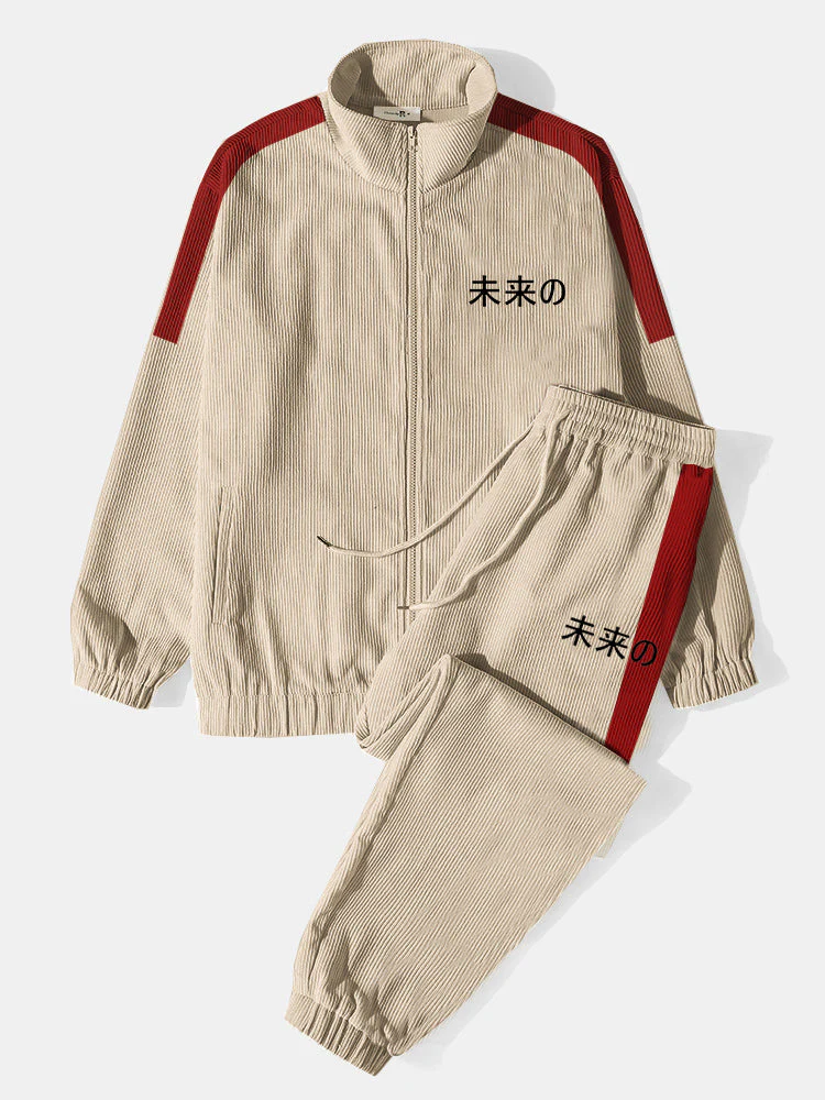 Mens Side Stripe Character Embroidery Zip Jacket Corduroy Two Pieces Outfits - Image 3
