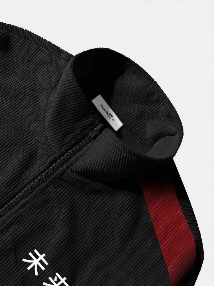 Mens Side Stripe Character Embroidery Zip Jacket Corduroy Two Pieces Outfits - Image 5