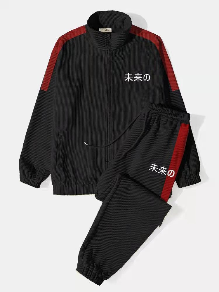 Mens Side Stripe Character Embroidery Zip Jacket Corduroy Two Pieces Outfits - Image 9