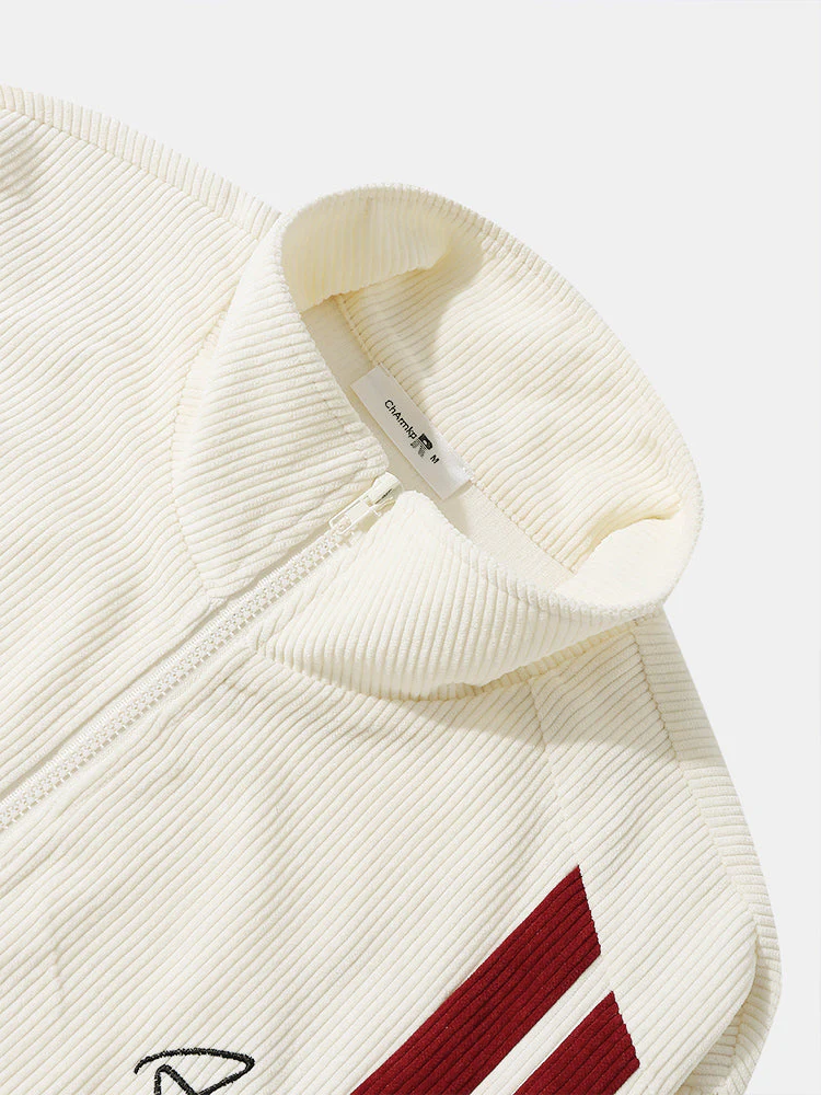 Mens Side Stripe Letter Embroidered Zip Jacket Corduroy Two Pieces Outfits - Image 4