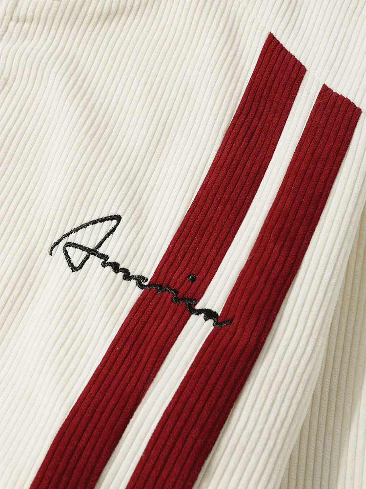 Mens Side Stripe Letter Embroidered Zip Jacket Corduroy Two Pieces Outfits - Image 5