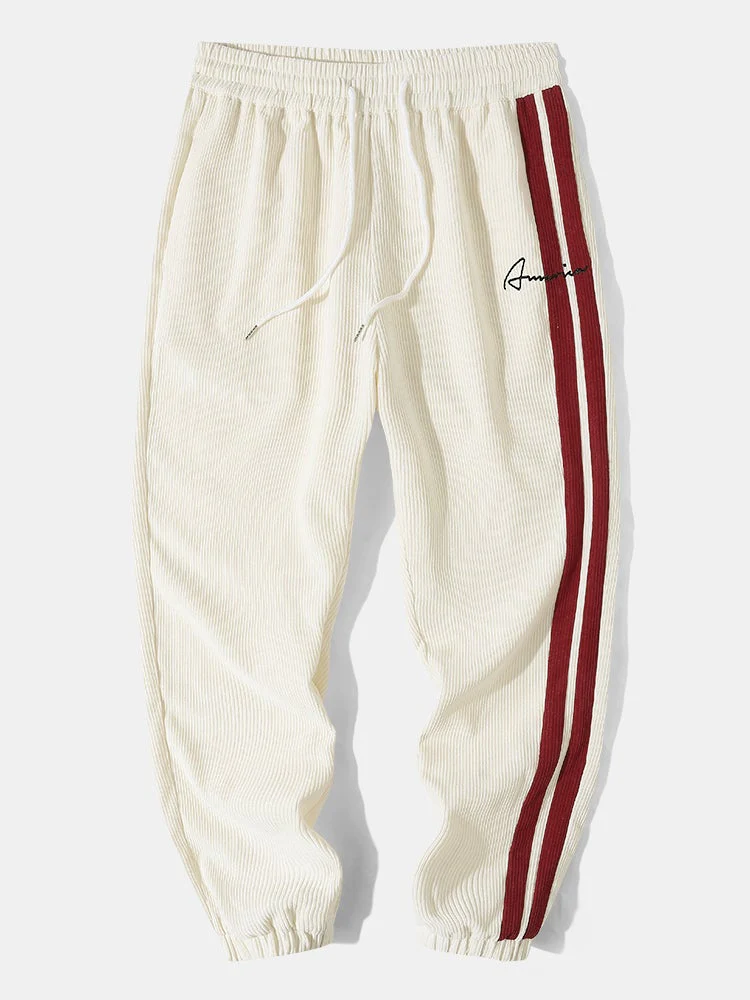Mens Side Stripe Letter Embroidered Zip Jacket Corduroy Two Pieces Outfits - Image 8