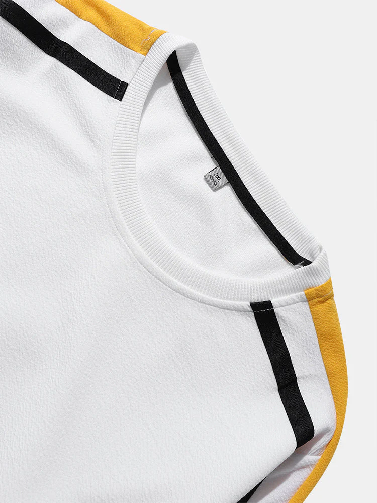 Mens Side Stripe Patchwork Applique Crew Neck Casual Two Pieces Outfits - Image 4
