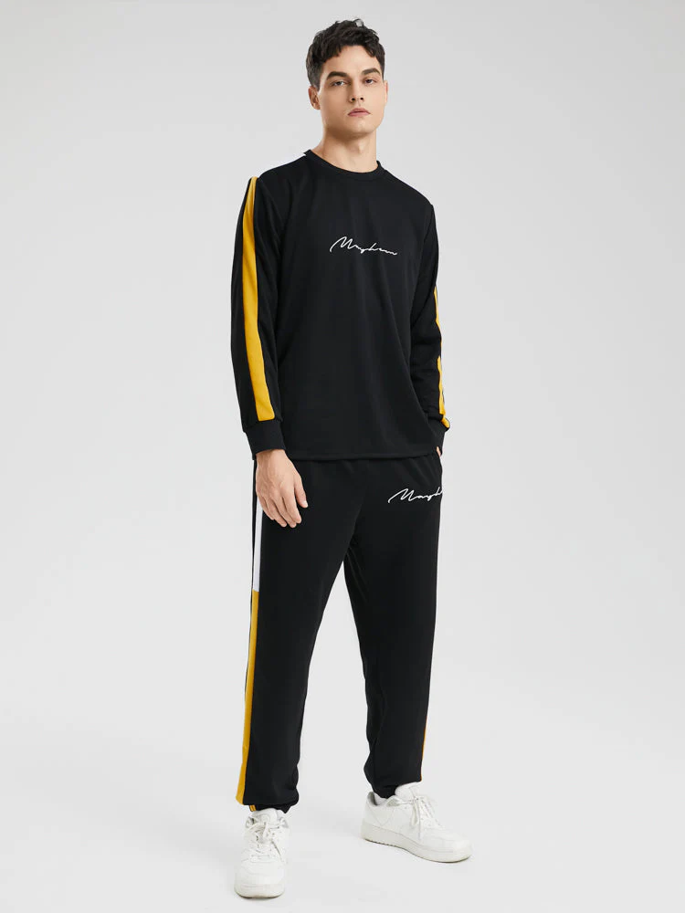 Mens Side Stripe Script Embroidered Sweatshirt Casual Cuffed Two Pieces Outfits - Image 3