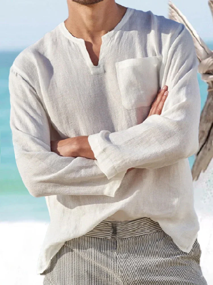 Mens Simple Solid 100% Cotton V-Neck Long Sleeve Shirt - Image 3