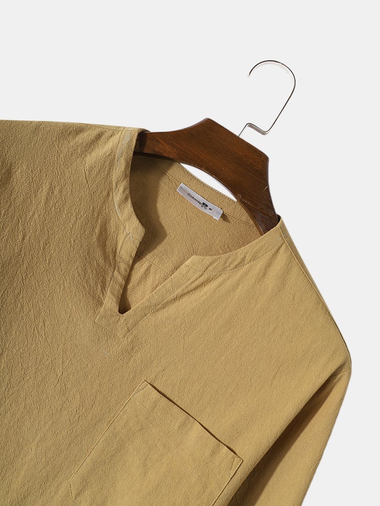 Mens Simple Solid 100% Cotton V-Neck Long Sleeve Shirt - Image 5