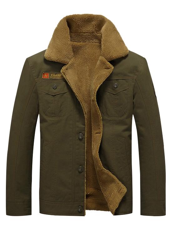 Men's Solid Color Appliques Button Up Plush Jacket Coat - Image 3