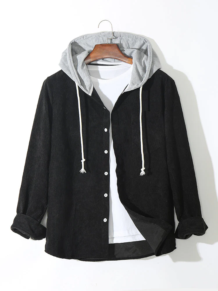 Mens Solid Corduroy Hooded Shirt Casual Two Pieces Outfits With Drawstring Shorts - Image 2