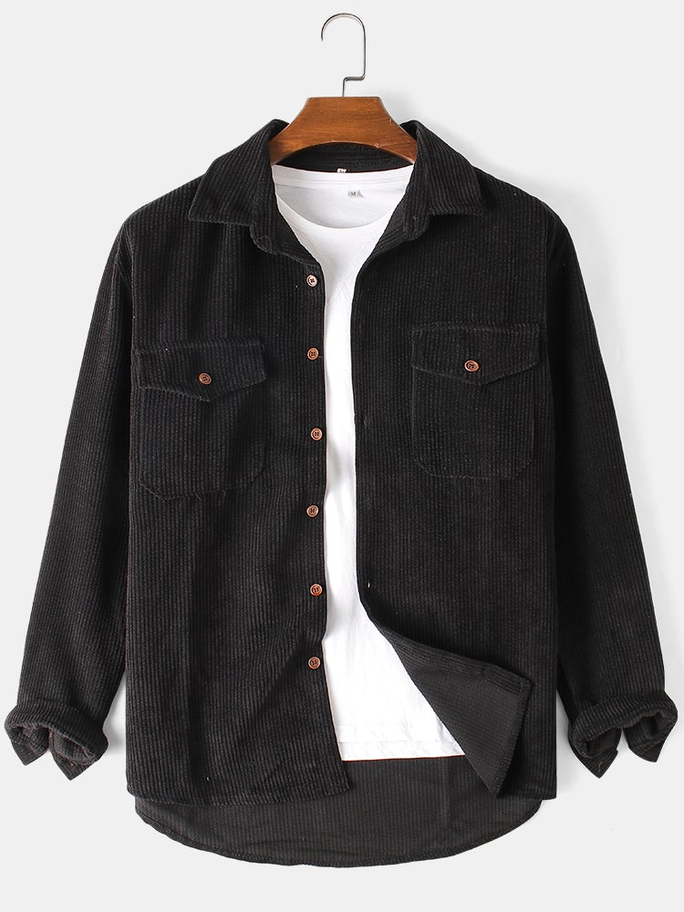 Mens Solid Corduroy Relaxed Fit Casual Long Sleeve Shirts With Flap Pockets SKUF75051 - Image 3