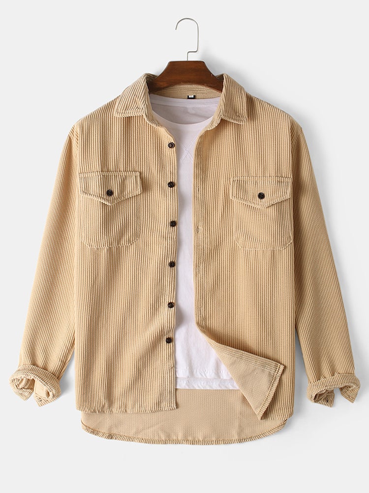Mens Solid Corduroy Relaxed Fit Casual Long Sleeve Shirts With Flap Pockets SKUF75051 - Image 4