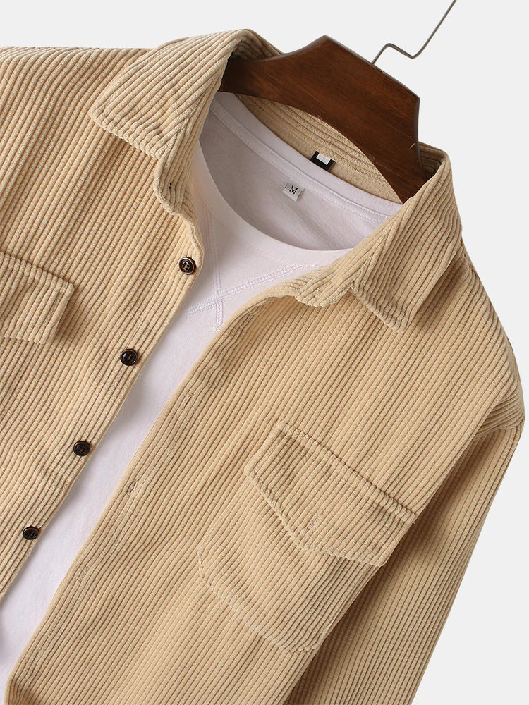 Mens Solid Corduroy Relaxed Fit Casual Long Sleeve Shirts With Flap Pockets SKUF75051 - Image 7