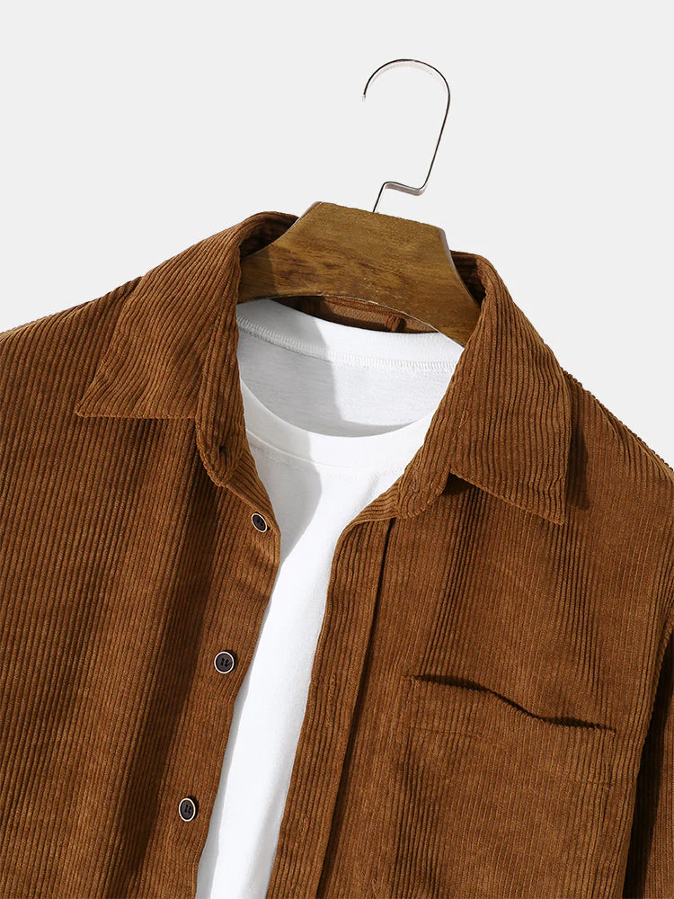 Mens Solid Lapel Corduroy Basics Long Sleeve Shirts With Pocket - Image 6