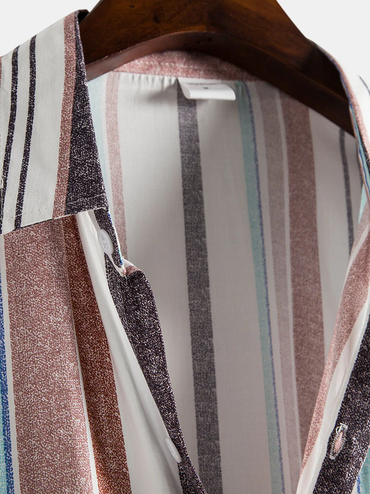 Mens Stripe Print Short Sleeve Lapel Regular Hem Preppy Shirt - Image 3