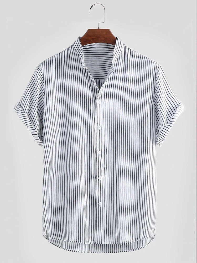 Mens Striped Breathable Stand Collar Short Sleeve Casual Loose Shirts - Image 2