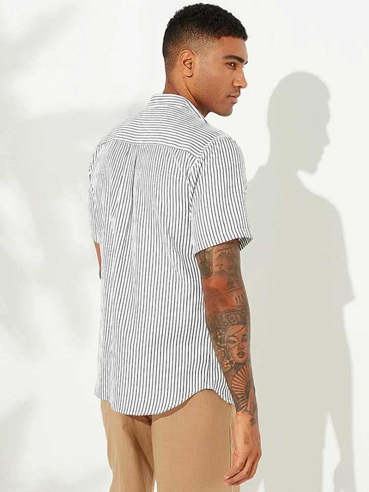 Mens Striped Breathable Stand Collar Short Sleeve Casual Loose Shirts - Image 4