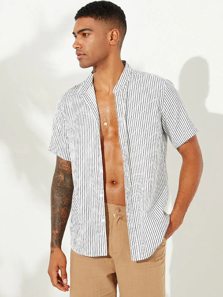 Mens Striped Breathable Stand Collar Short Sleeve Casual Loose Shirts - Image 6