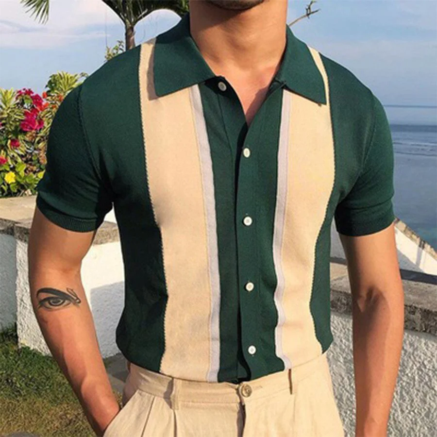 Men's striped color-block short-sleeved sweater T-shirt