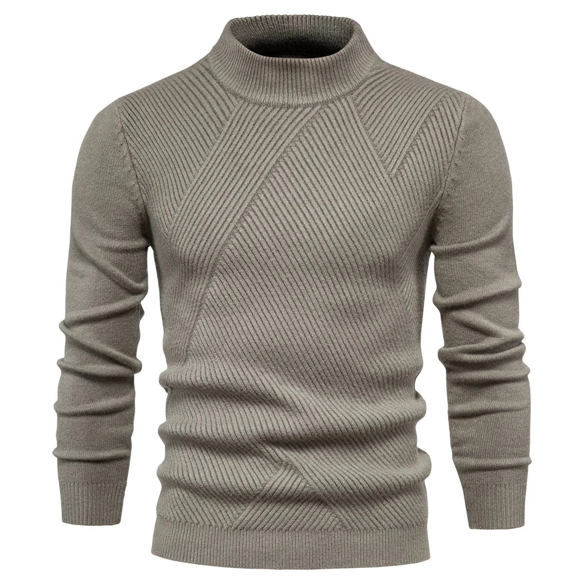 Mens Sweater Fashion Solid Color High Neck Slim Pullover Sweater - Image 3