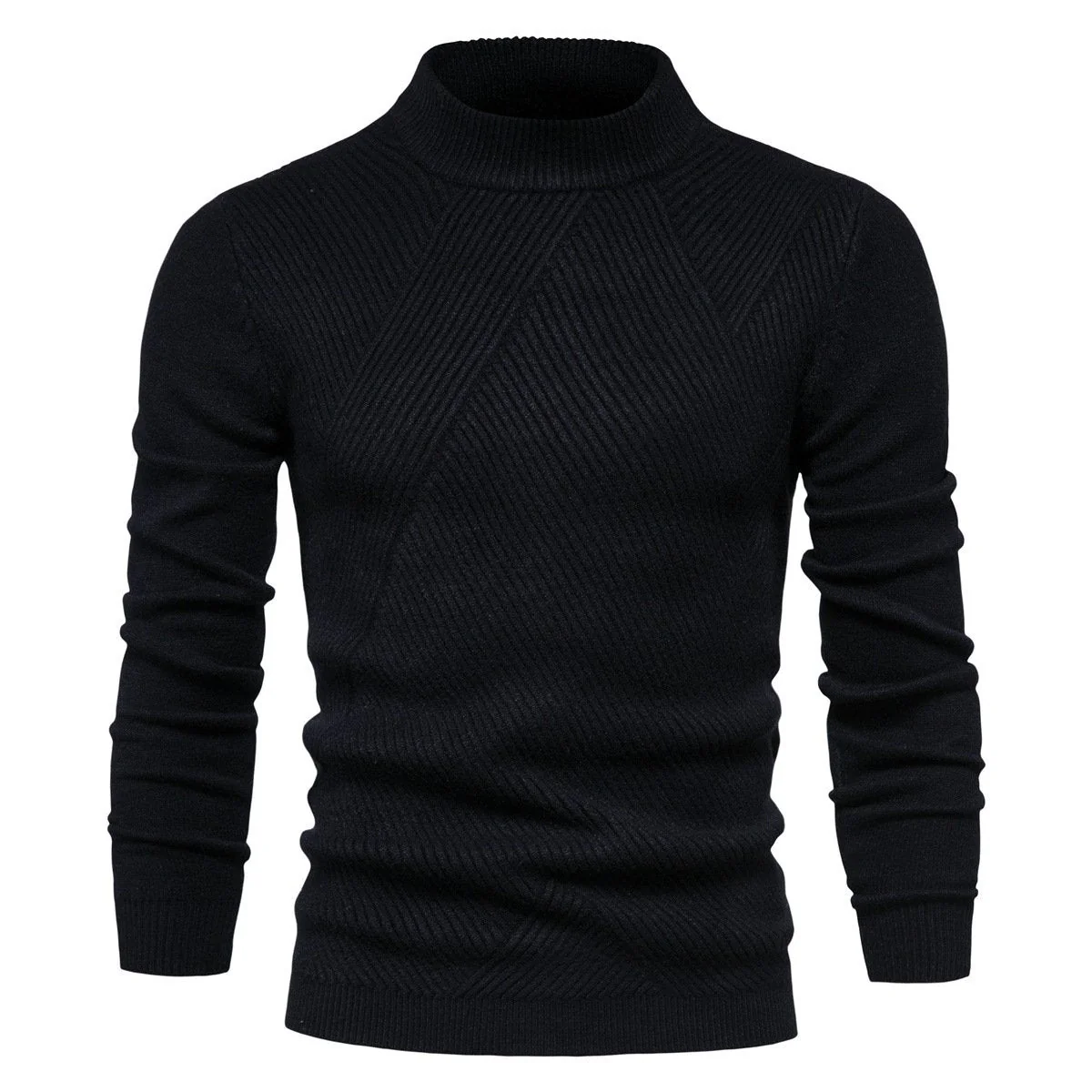 Mens Sweater Fashion Solid Color High Neck Slim Pullover Sweater - Image 5