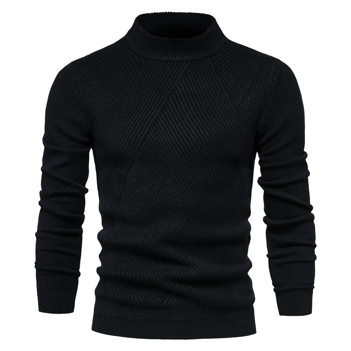 Mens Sweater Fashion Solid Color High Neck Slim Pullover Sweater - Image 7