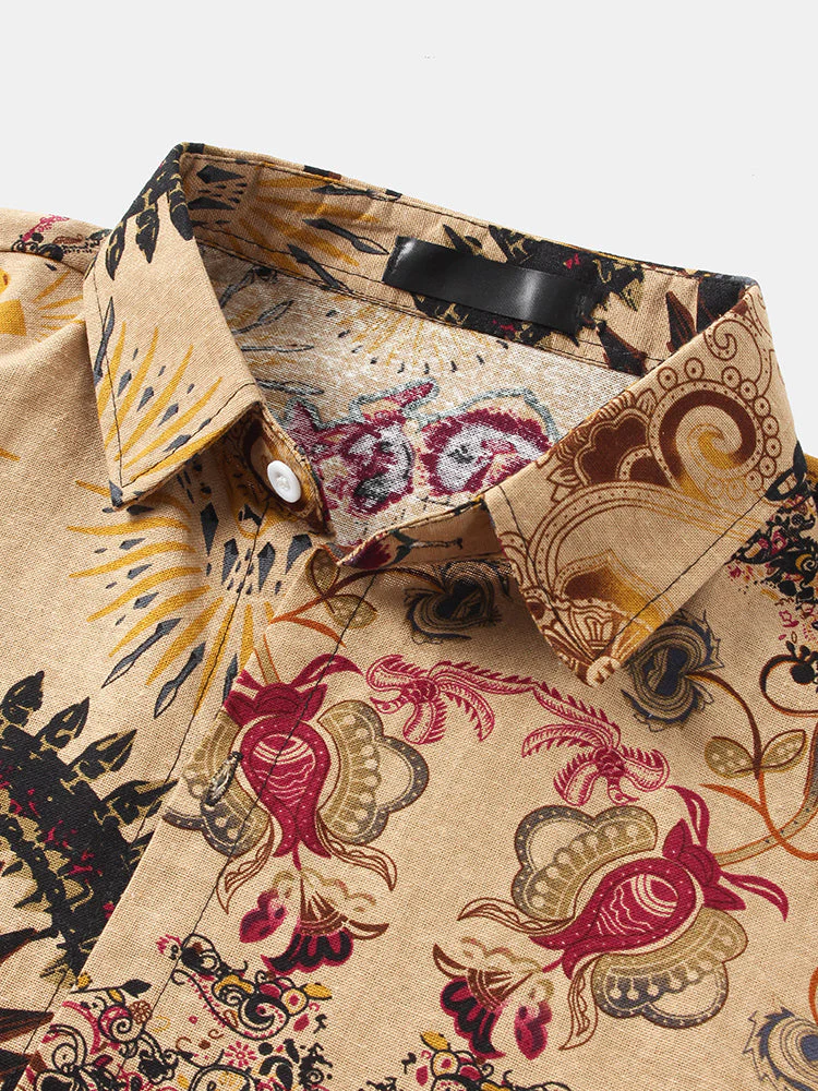 Mens Thin & Breathable Cotton Tribal Pattern Vintage Lapel Holiday Casual Shirt - Image 3