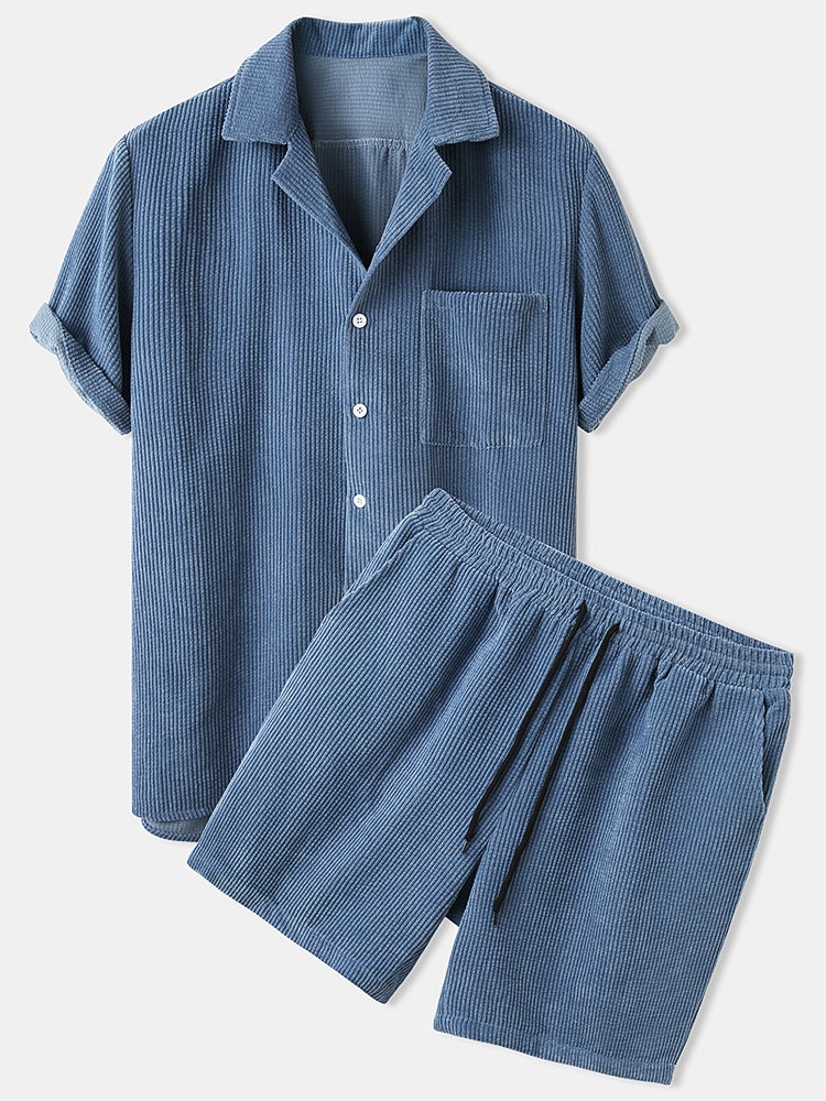 Mens Thin Corduroy Solid Patch Pocket Breathable Short Sleeve Shirt & Shorts SKUF75125 - Image 3