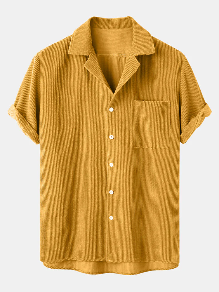 Mens Thin Corduroy Solid Patch Pocket Breathable Short Sleeve Shirt & Shorts SKUF75125 - Image 5