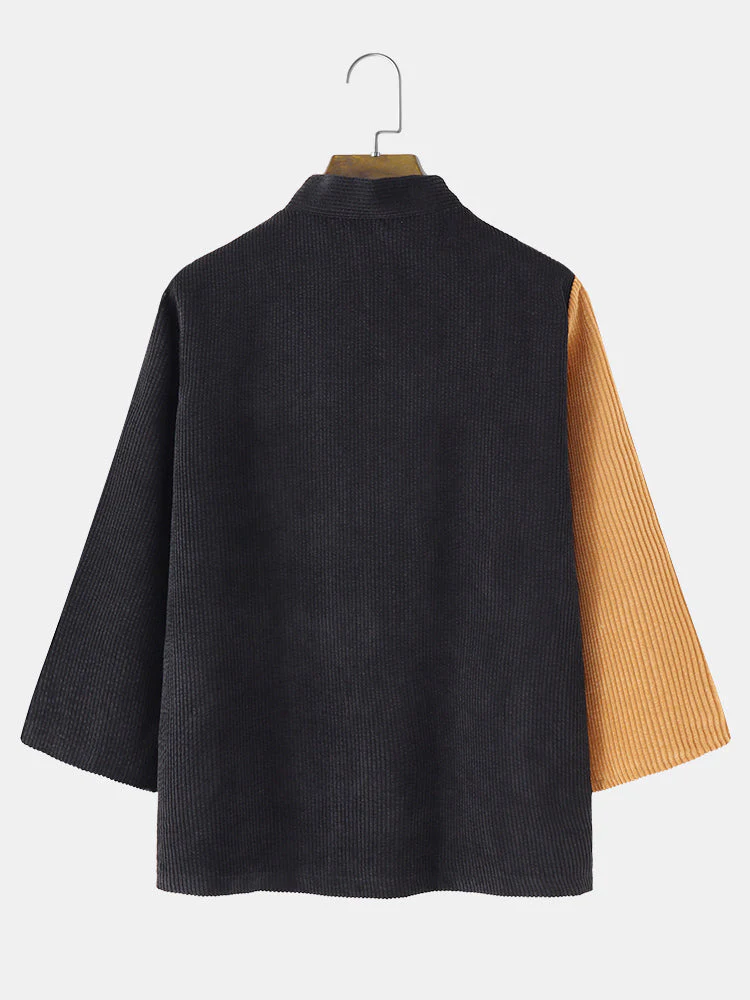 Mens Two Tone Stitching Open Front Corduroy Casual Loose Kimono - Image 2