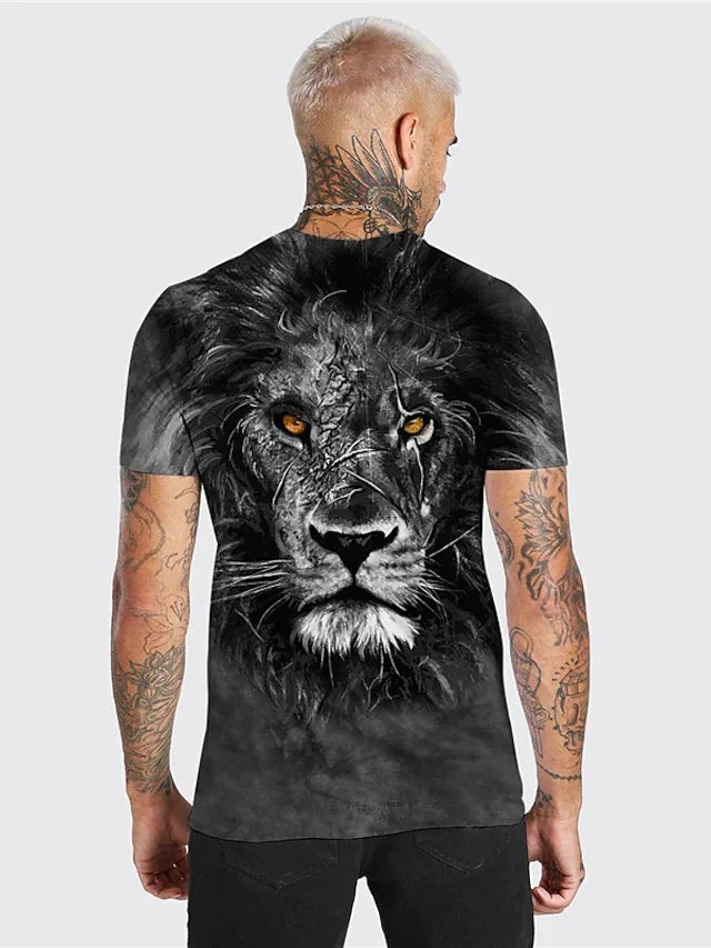 Men's Unisex T shirt 3D Print Graphic Prints Lion Crew Neck Daily Holiday Print Short Sleeve Tops Casual Designer Big and Tall Gray / Summer - Image 2