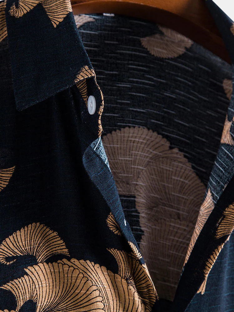 Mens Vintage Leaf Print Button Up Holiday Cotton Short Sleeve Shirts - Image 3