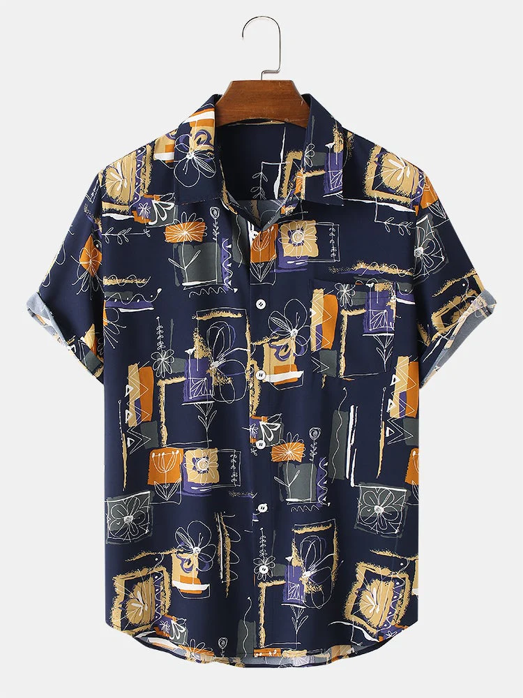 Mens Vintage Line Drawing Flower Print Street Short Sleeve Shirts - Image 3