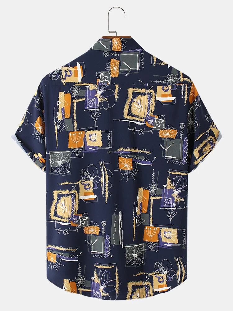 Mens Vintage Line Drawing Flower Print Street Short Sleeve Shirts - Image 4