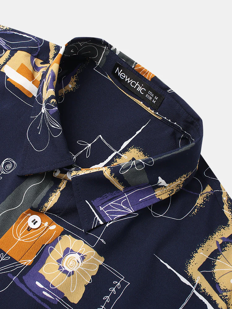 Mens Vintage Line Drawing Flower Print Street Short Sleeve Shirts - Image 5