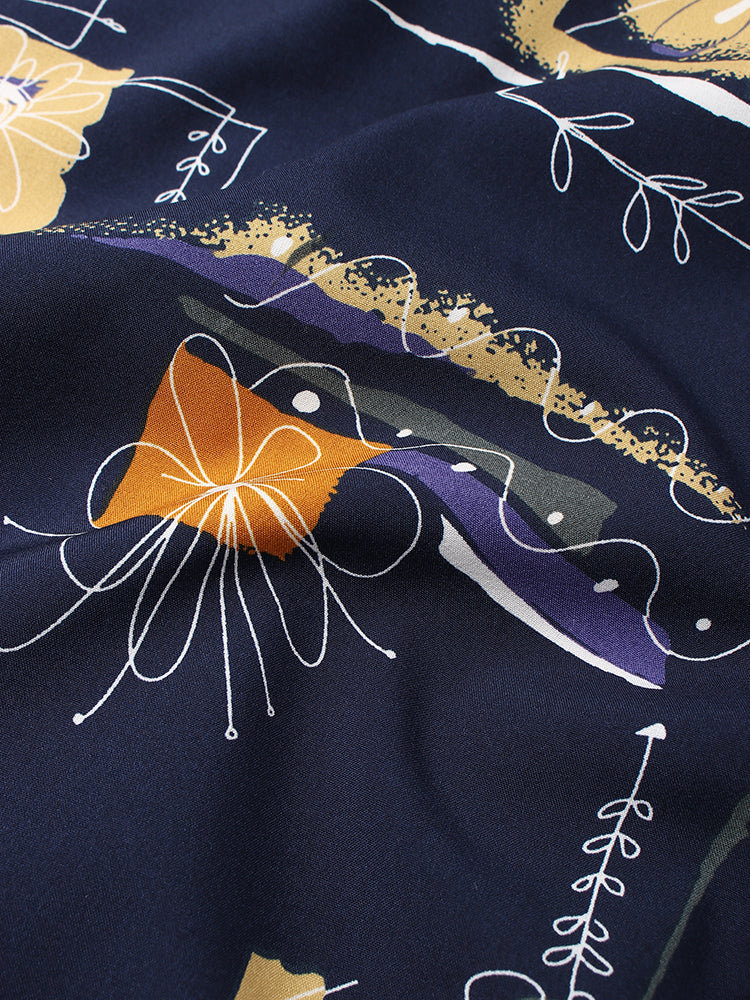 Mens Vintage Line Drawing Flower Print Street Short Sleeve Shirts - Image 9