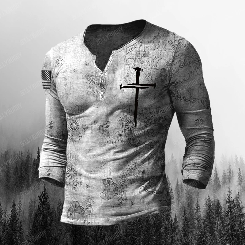 Men's Vintage Old World Map Cross Print Henry Long Sleeve - Image 2