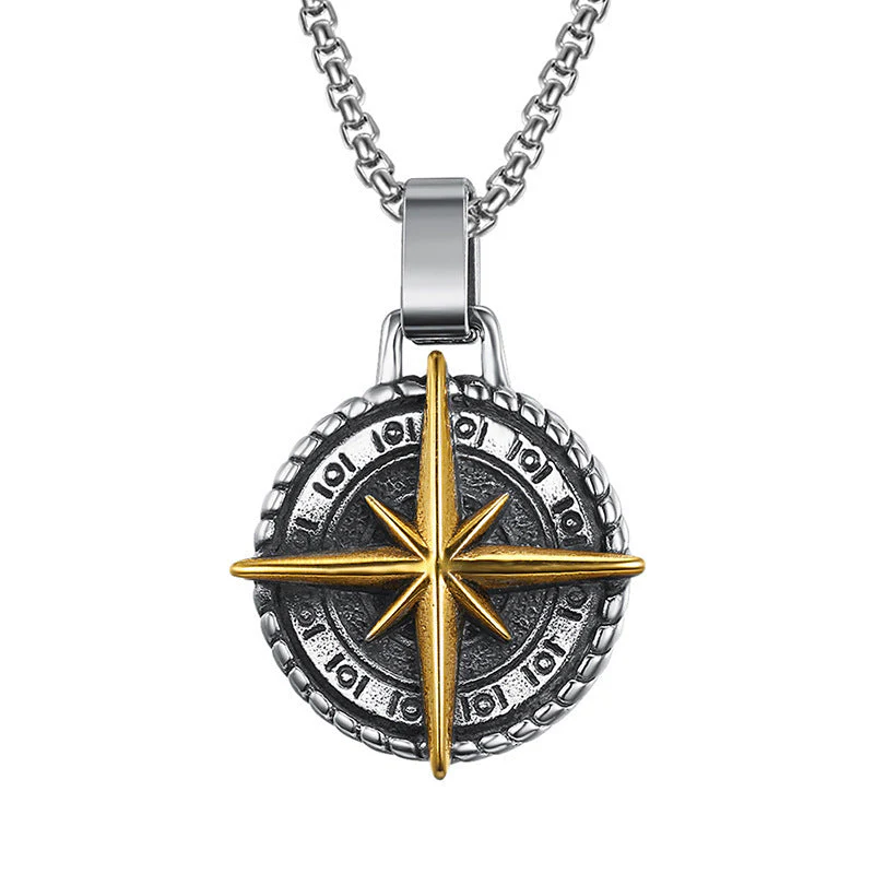 Men's Vintage Stainless Steel Cross Necklace Viking Ares Compass Pendant - Image 2